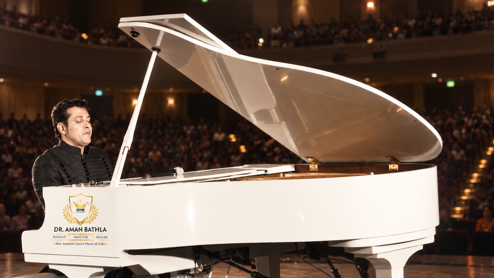Dr. Aman Bathla performing on a white grand piano before an audience